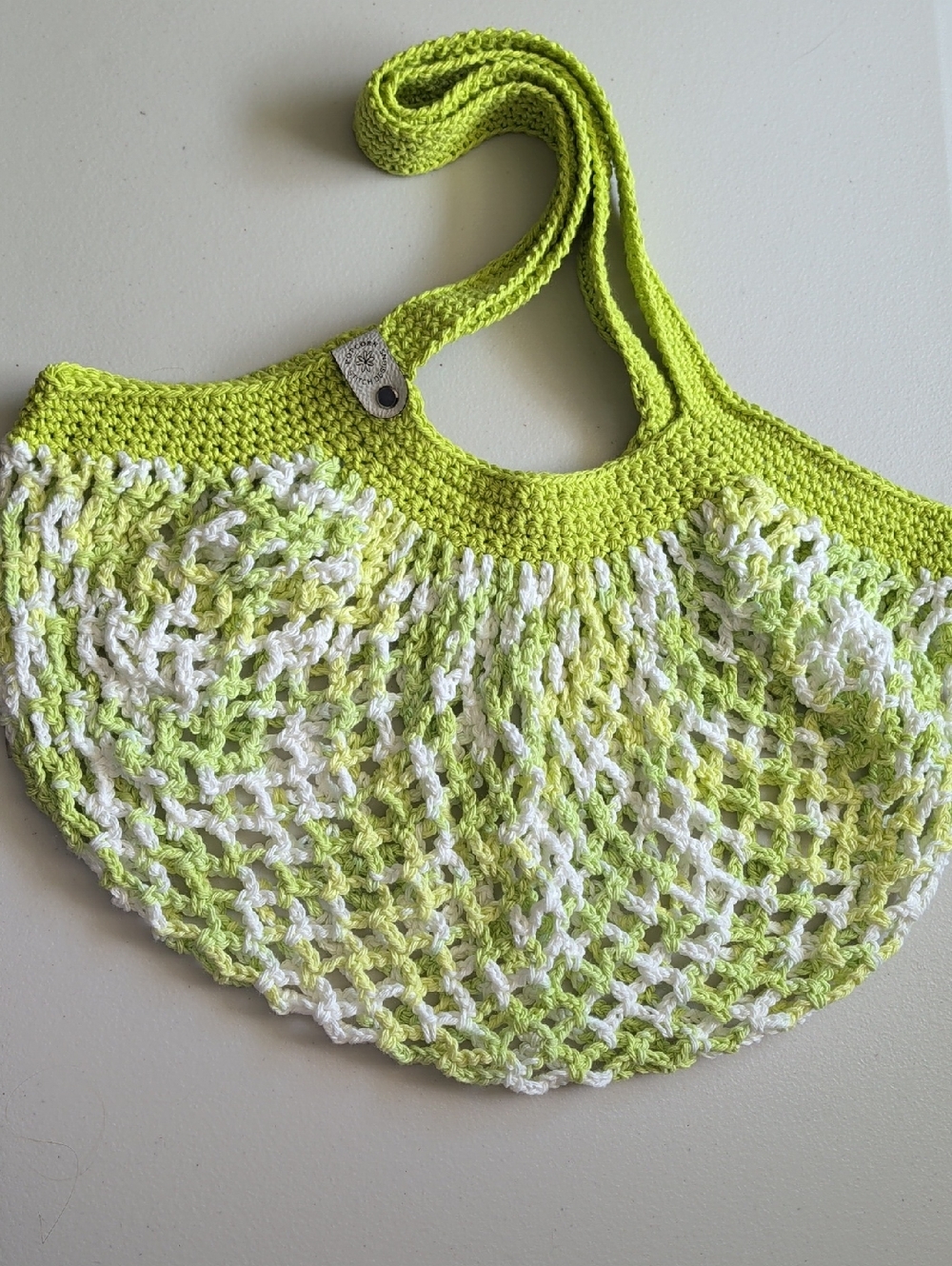 Handmade Crochet Cotton Mesh Market Bag in Green & White